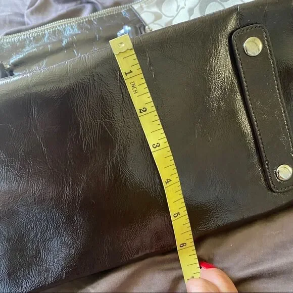 Coach tan canvas & patent leather cross body bag